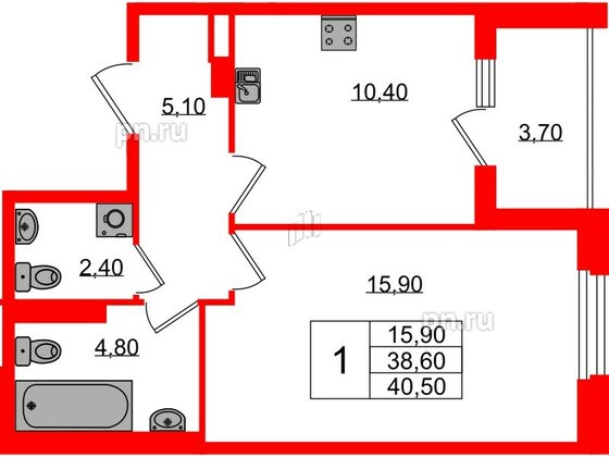 Квартира в ЖК Экография, 1 комнатная, 40.5 м², 2 этаж