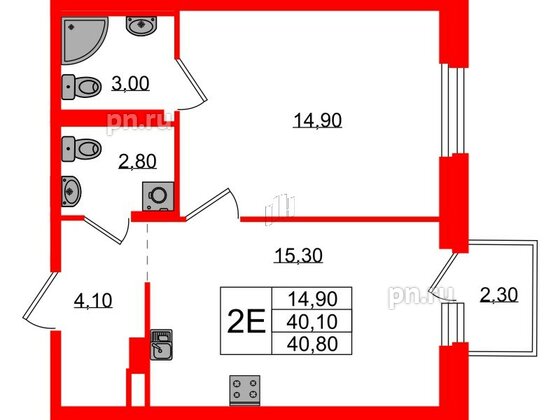 Квартира в ЖК Экография, 1 комнатная, 40.8 м², 3 этаж
