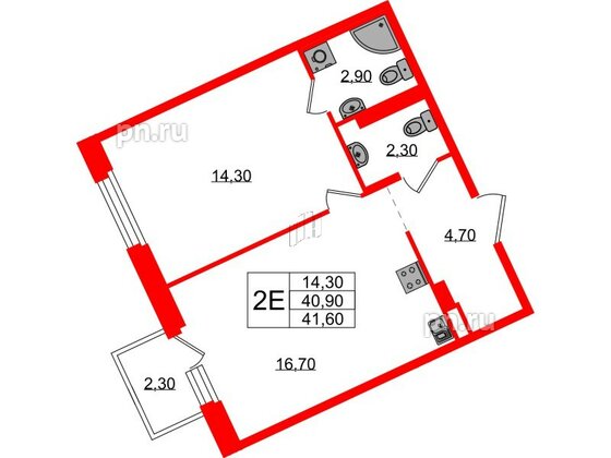 Квартира в ЖК Экография, 1 комнатная, 41.6 м², 2 этаж