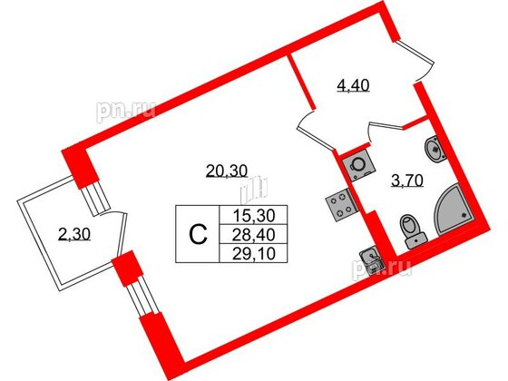 Квартира в ЖК Экография, студия, 29.1 м², 2 этаж