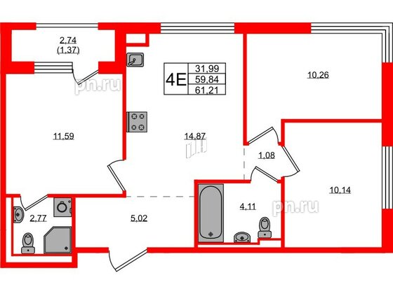 Квартира в ЖК GloraX Новоселье, 3 комнатная, 61.21 м², 5 этаж