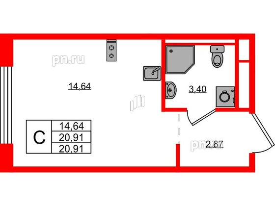 Квартира в ЖК GloraX Новоселье, студия, 20.91 м², 3 этаж