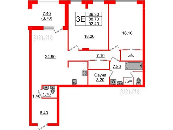 Квартира в Проект «RусскаЯ ЕвропА» ЖК «Вдохновение», 2 комнатная, 92.4 м², 5 этаж