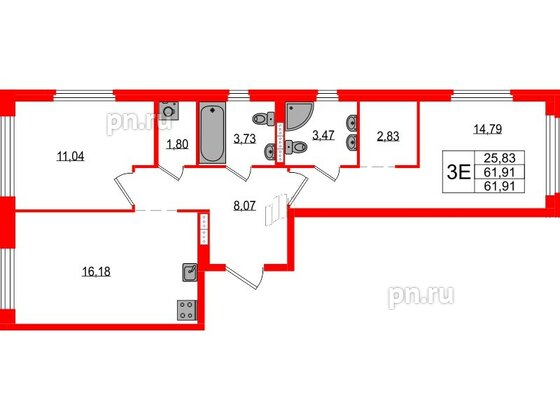 Квартира в ЖК «Максималист», 2 комнатная, 61.91 м², 4 этаж