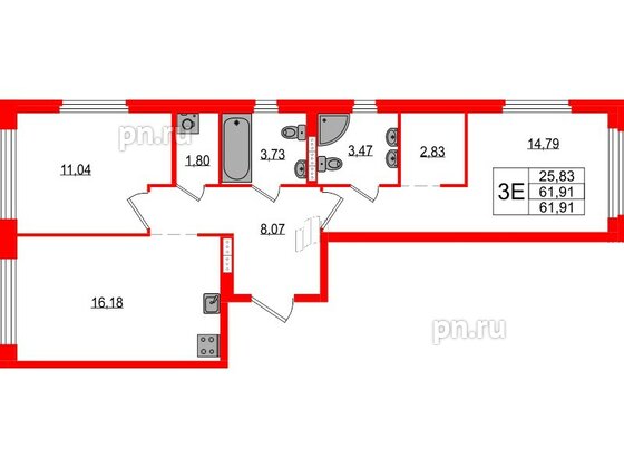 Квартира в ЖК «Максималист», 2 комнатная, 61.91 м², 8 этаж