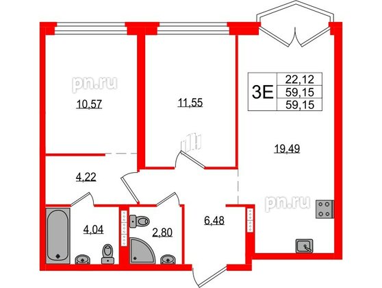 Квартира в ЖК «Максималист», 2 комнатная, 59.15 м², 17 этаж