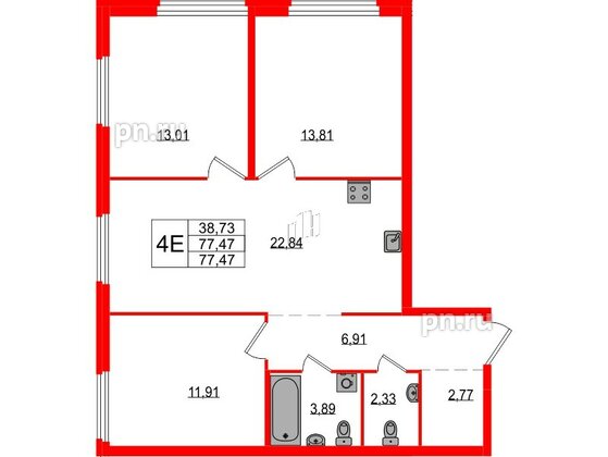 Квартира в ЖК Максималист, 3 комнатная, 77.47 м², 2 этаж