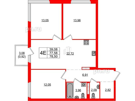 Квартира в ЖК Максималист, 3 комнатная, 78.5 м², 13 этаж