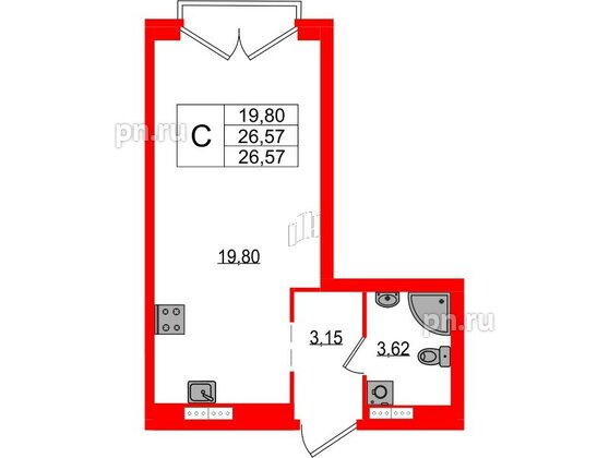Квартира в ЖК Максималист, студия, 26.57 м², 15 этаж