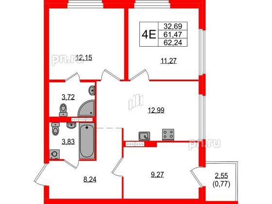 Квартира в ЖК Максималист, 3 комнатная, 62.24 м², 10 этаж