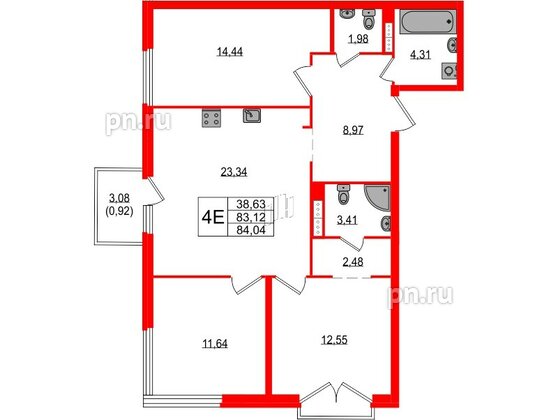 Квартира в ЖК «Максималист», 3 комнатная, 84.04 м², 16 этаж