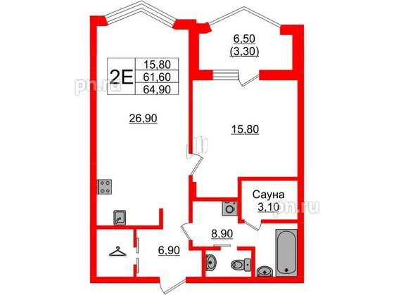 Квартира в Проект «RусскаЯ ЕвропА» ЖК «Вдохновение», 1 комнатная, 64.9 м², 5 этаж