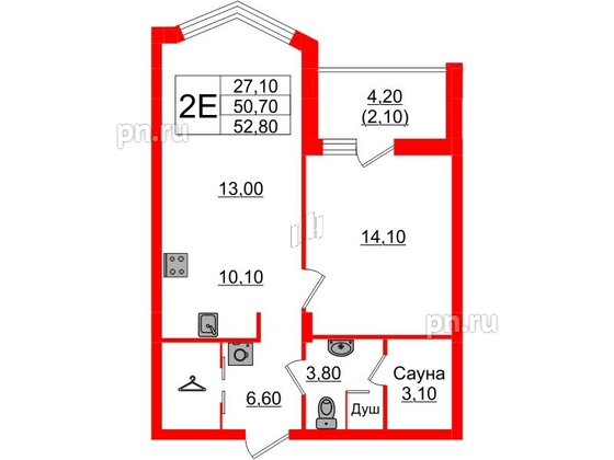 Квартира в Проект «RусскаЯ ЕвропА» ЖК «Вдохновение», 2 комнатная, 52.8 м², 2 этаж