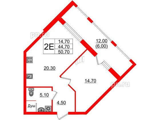 Квартира в Проект «RусскаЯ ЕвропА» ЖК «Вдохновение», 1 комнатная, 50.7 м², 5 этаж