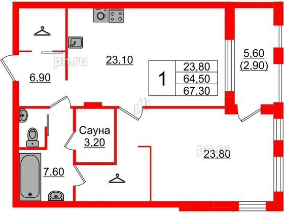 Квартира в Проект «RусскаЯ ЕвропА» ЖК «Вдохновение», 1 комнатная, 67.3 м², 4 этаж