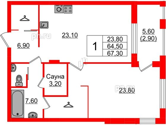 Квартира в Проект «RусскаЯ ЕвропА» ЖК «Вдохновение», 1 комнатная, 67.3 м², 5 этаж