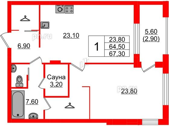 Квартира в Проект «RусскаЯ ЕвропА» ЖК «Вдохновение», 1 комнатная, 67.3 м², 6 этаж