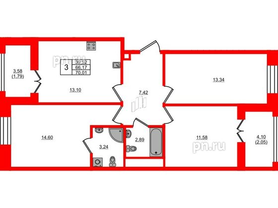 Квартира в ЖК Новатория, 3 комнатная, 70.01 м², 9 этаж