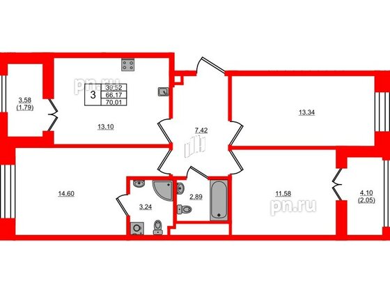 Квартира в ЖК Новатория, 3 комнатная, 70.01 м², 12 этаж