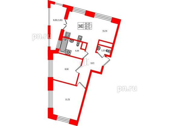 Квартира в ЖК Новатория, 2 комнатная, 50.1 м², 1 этаж