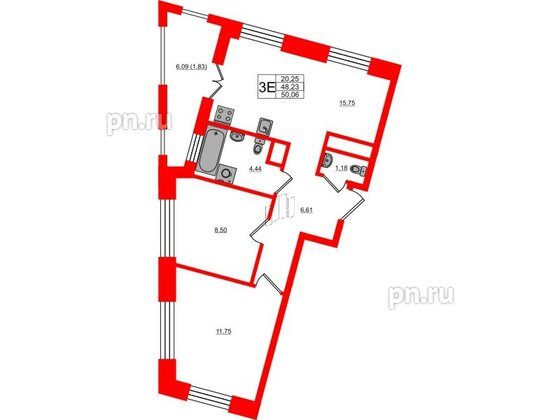 Квартира в ЖК Новатория, 2 комнатная, 50.06 м², 3 этаж