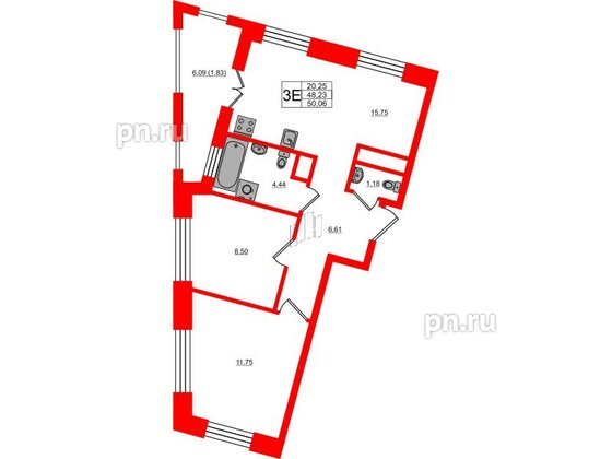 Квартира в ЖК Новатория, 2 комнатная, 50.06 м², 6 этаж