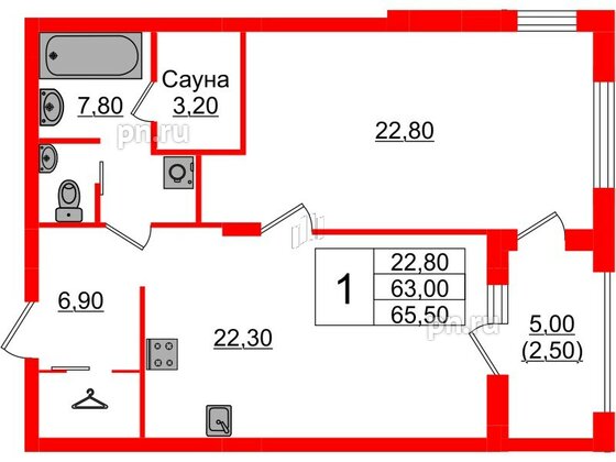 Квартира в Проект «RусскаЯ ЕвропА» ЖК «Вдохновение», 1 комнатная, 65.5 м², 2 этаж