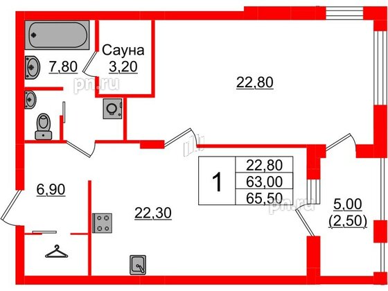 Квартира в Проект «RусскаЯ ЕвропА» ЖК «Вдохновение», 1 комнатная, 65.5 м², 3 этаж