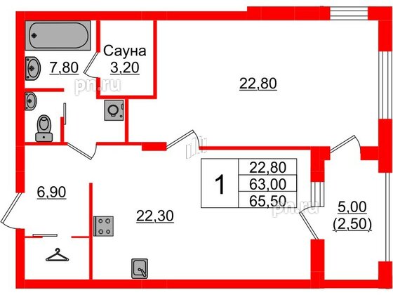 Квартира в Проект «RусскаЯ ЕвропА» ЖК «Вдохновение», 1 комнатная, 65.5 м², 5 этаж