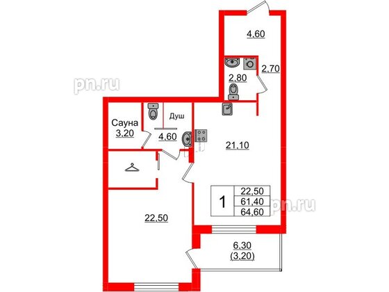 Квартира в Проект «RусскаЯ ЕвропА» ЖК «Вдохновение», 1 комнатная, 64.6 м², 2 этаж