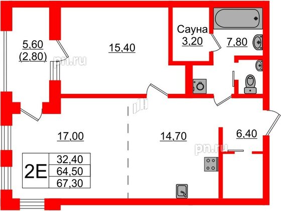 Квартира в Проект «RусскаЯ ЕвропА» ЖК «Вдохновение», 2 комнатная, 67.3 м², 4 этаж