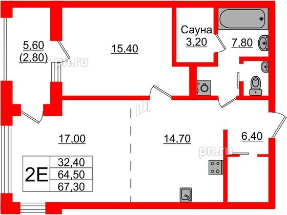 Квартира в Проект «RусскаЯ ЕвропА» ЖК «Вдохновение», 2 комнатная, 67.3 м², 6 этаж