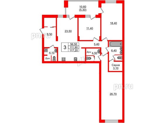 Квартира в Проект «RусскаЯ ЕвропА» ЖК «Вдохновение», 3 комнатная, 117.2 м², 2 этаж