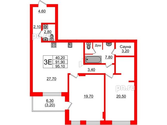 Квартира в Проект «RусскаЯ ЕвропА» ЖК «Вдохновение», 2 комнатная, 95.1 м², 2 этаж