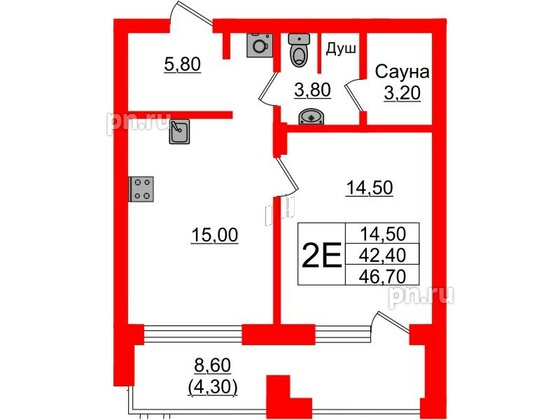 Квартира в Проект «RусскаЯ ЕвропА» ЖК «Вдохновение», 1 комнатная, 46.7 м², 2 этаж