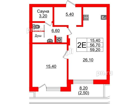 Квартира в Проект «RусскаЯ ЕвропА» ЖК «Вдохновение», 1 комнатная, 59.2 м², 2 этаж