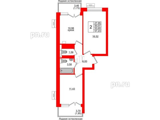 Квартира в ЖК Lake City-11, 2 комнатная, 53.65 м², 2 этаж