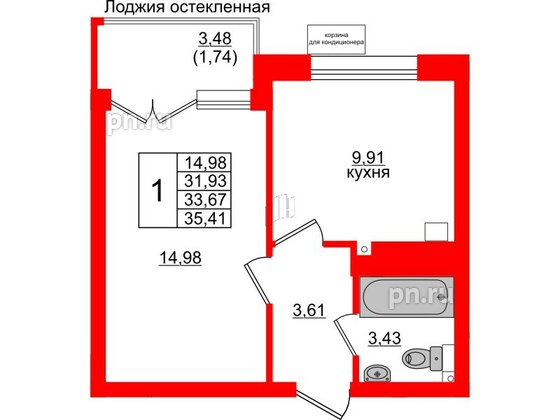 Квартира в ЖК Lake City-11, 1 комнатная, 33.67 м², 3 этаж