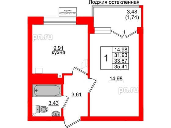 Квартира в ЖК Lake City-11, 1 комнатная, 33.67 м², 5 этаж