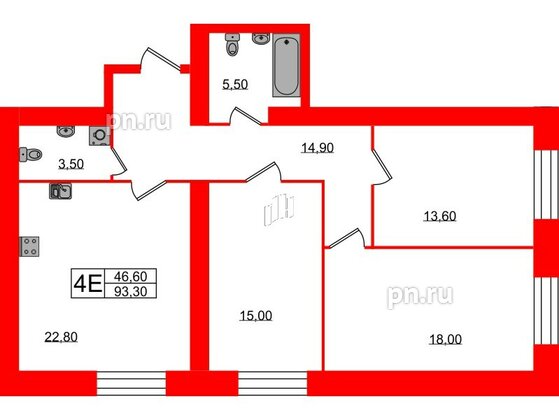 Квартира в ЖК Листва, 3 комнатная, 93.3 м², 2 этаж