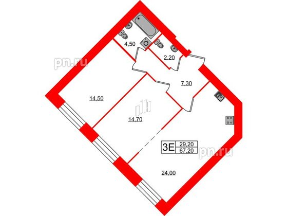 Квартира в ЖК Листва, 2 комнатная, 67.2 м², 2 этаж