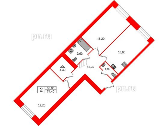 Квартира в ЖК Листва, 2 комнатная, 74.4 м², 2 этаж