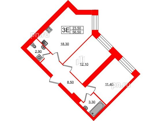 Квартира в ЖК Листва, 2 комнатная, 56.5 м², 2 этаж