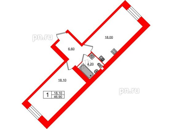 Квартира в ЖК Листва, 1 комнатная, 46.9 м², 2 этаж