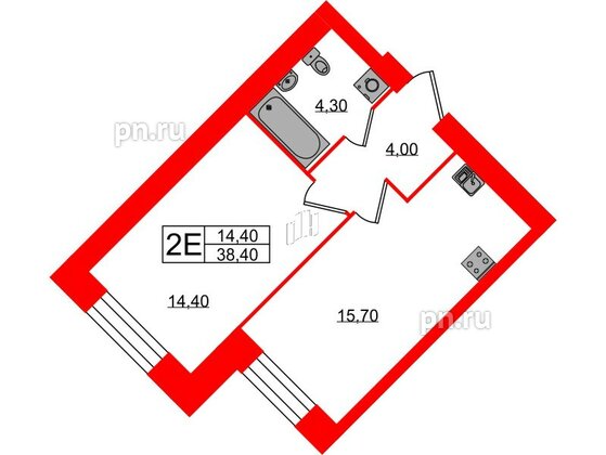 Квартира в ЖК Листва, 1 комнатная, 38.4 м², 2 этаж