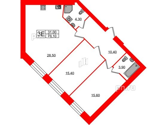 Квартира в ЖК Листва, 2 комнатная, 78.1 м², 2 этаж