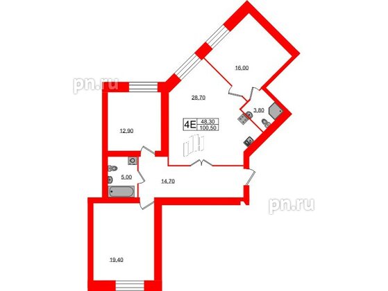 Квартира в ЖК Листва, 3 комнатная, 100.5 м², 2 этаж