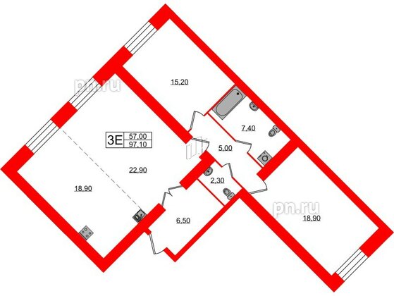 Квартира в ЖК Листва, 3 комнатная, 97.1 м², 2 этаж