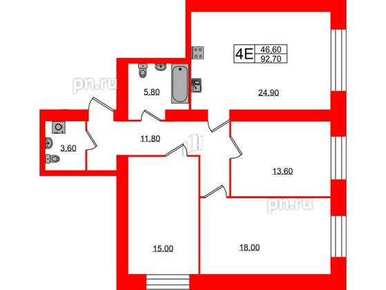 Квартира в ЖК Листва, 3 комнатная, 92.7 м², 2 этаж