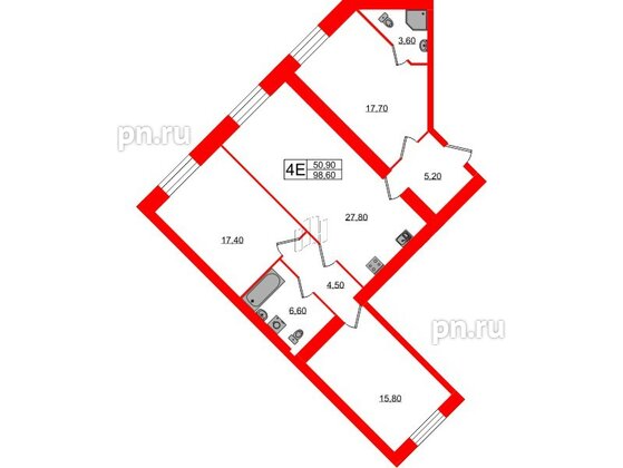 Квартира в ЖК Листва, 3 комнатная, 98.6 м², 2 этаж